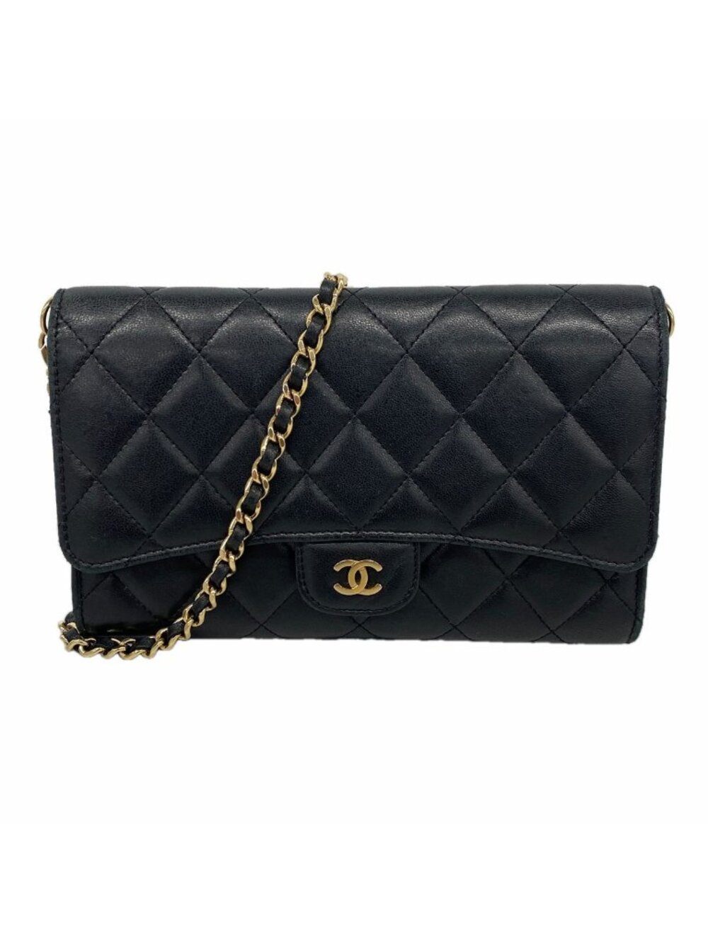 Chanel Wallet on Chain Quilted Lambskin Black Champagne Gold Shoulder Bag